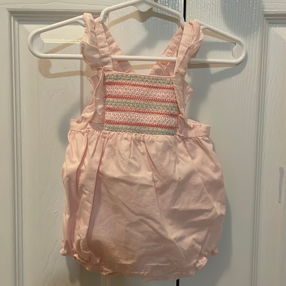 Janie and Jack bubble with adjustable straps and pink, white and green smocking